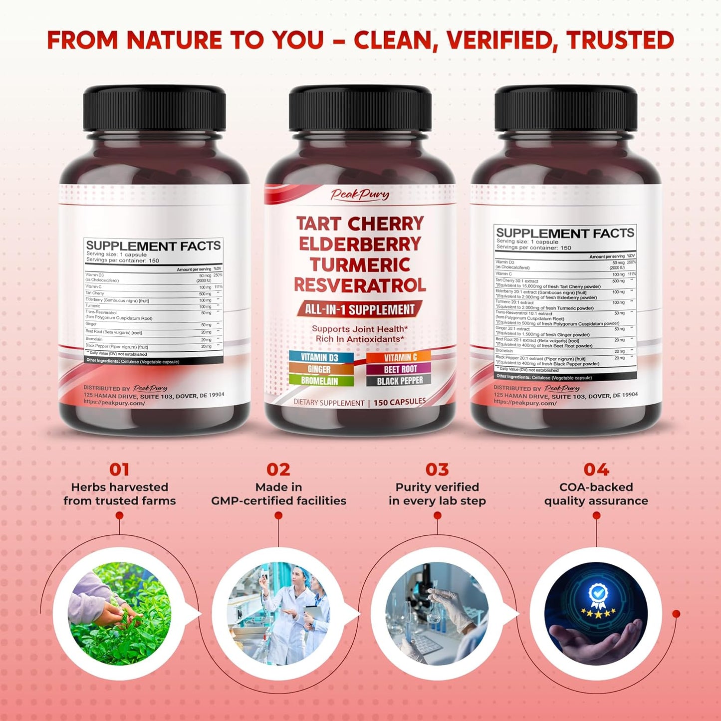 Tart Cherry Elderberry Turmeric Resveratrol - Rich in Antioxidants, Support Joint Health - Made in The USA
