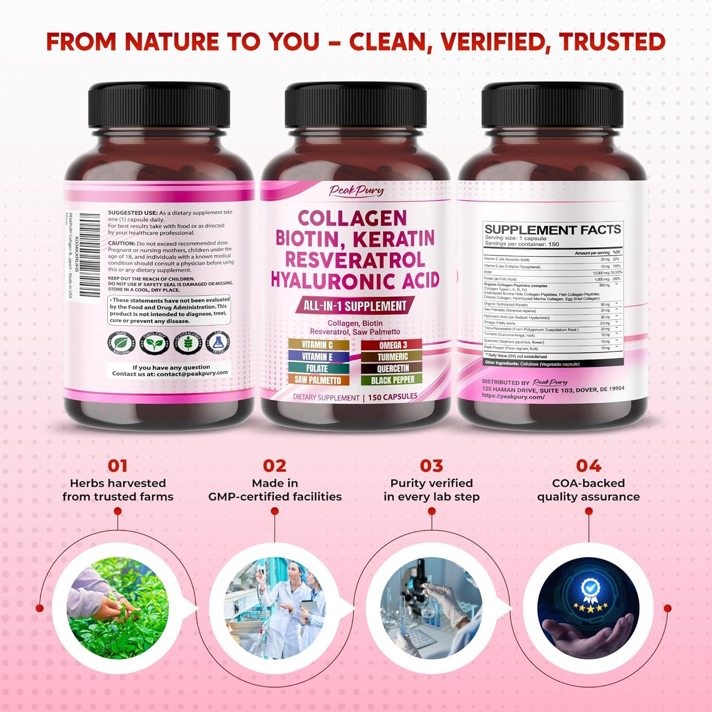 Collagen Biotin Resveratrol Saw Palmetto - Skin, Joint Health Support - Made in USA