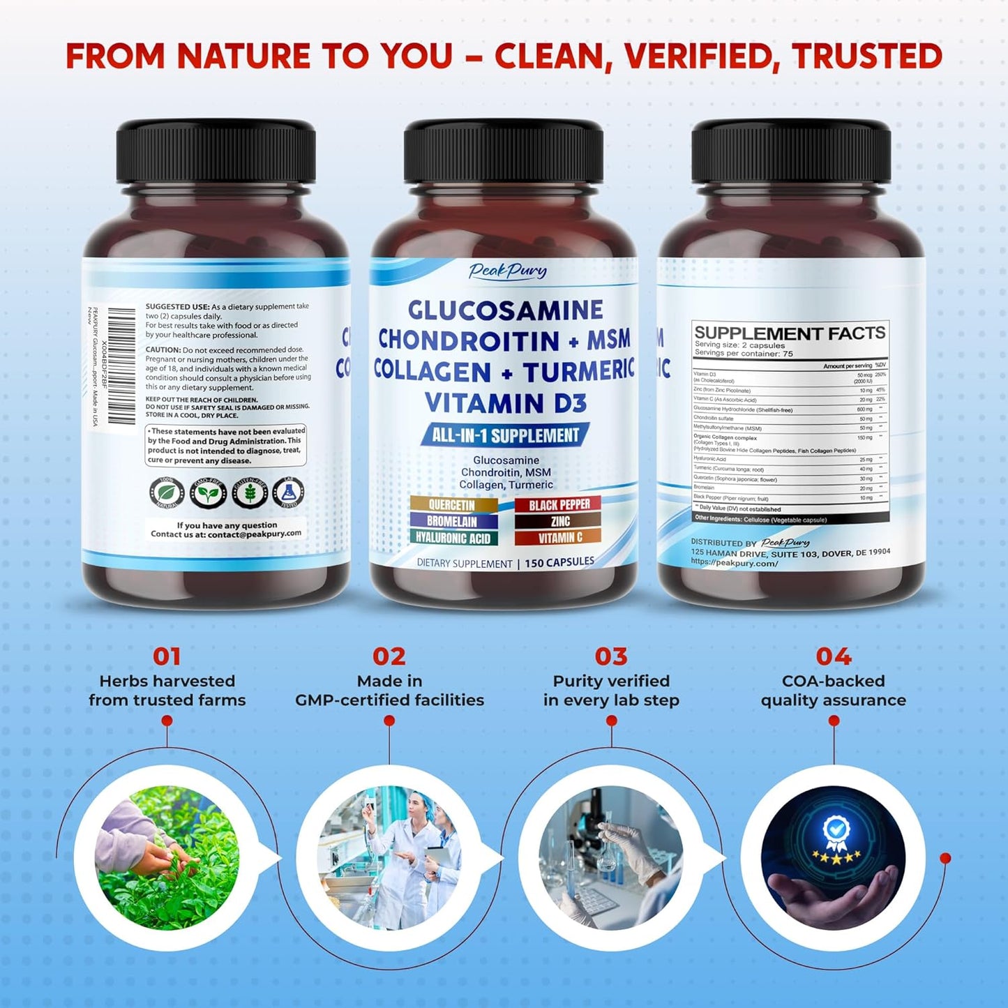 Glucosamine Chondroitin MSM Collagen Turmeric - Joint Health Support- Made in USA