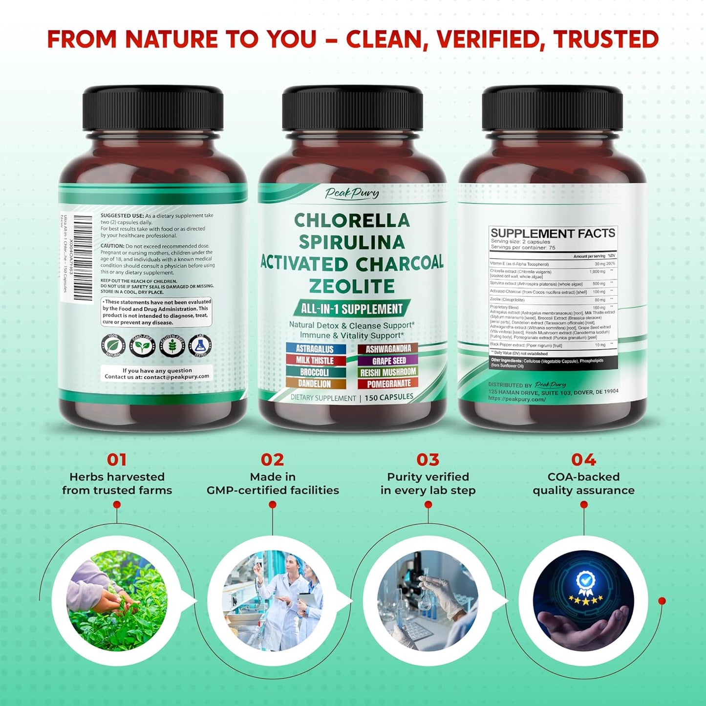 Ultra All-in-1 Chlorella, Spirulina, Activated Charcoal & Zeolite – Natural Detox, Immune & Vitality Support – Made in The USA – 150 Capsules