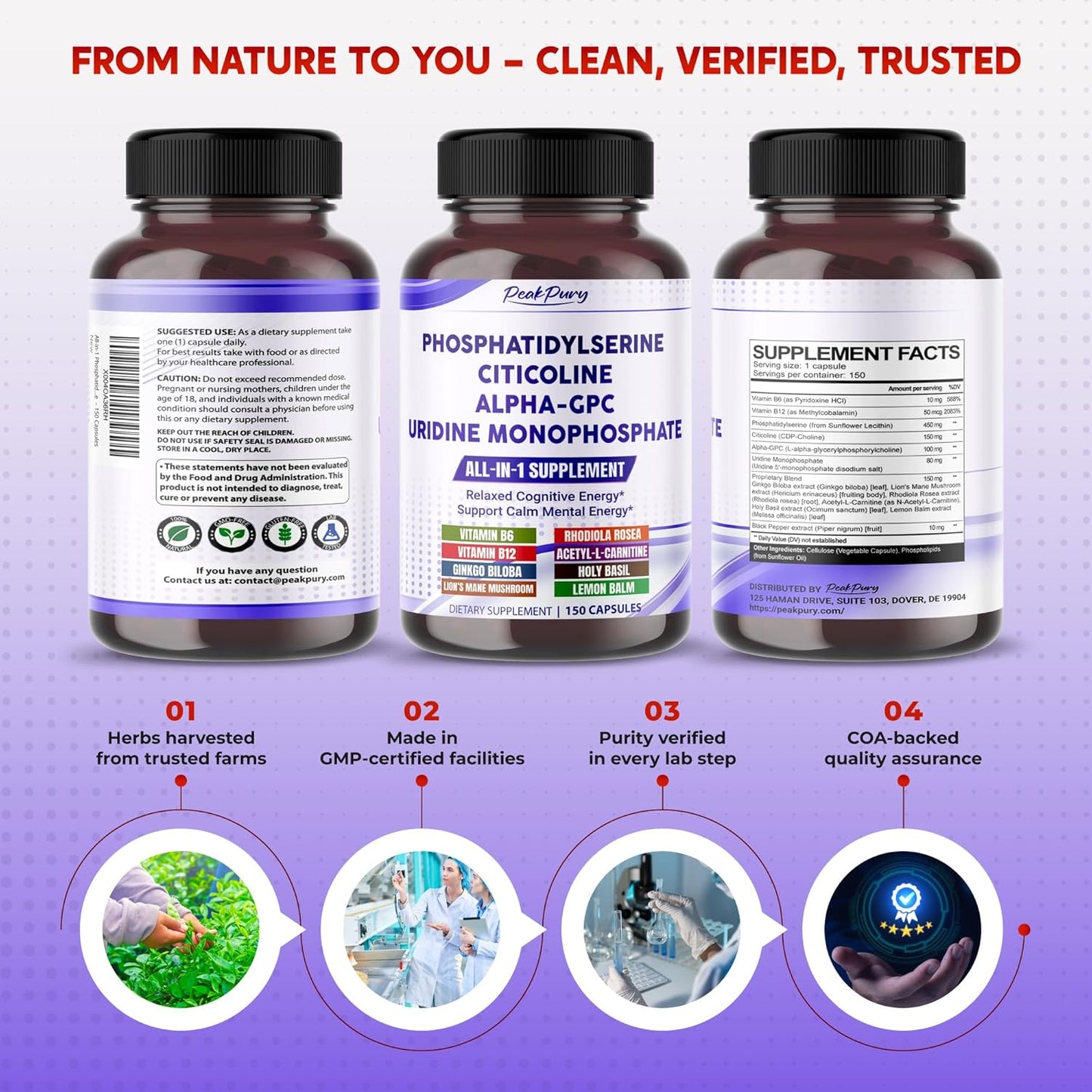 All-in-1 Phosphatidylserine, Citicoline, Alpha-GPC & Uridine Supplement – Supports Mental Clarity, Brain Energy & Cognitive Wellness – Made in The USA – 150 Capsules