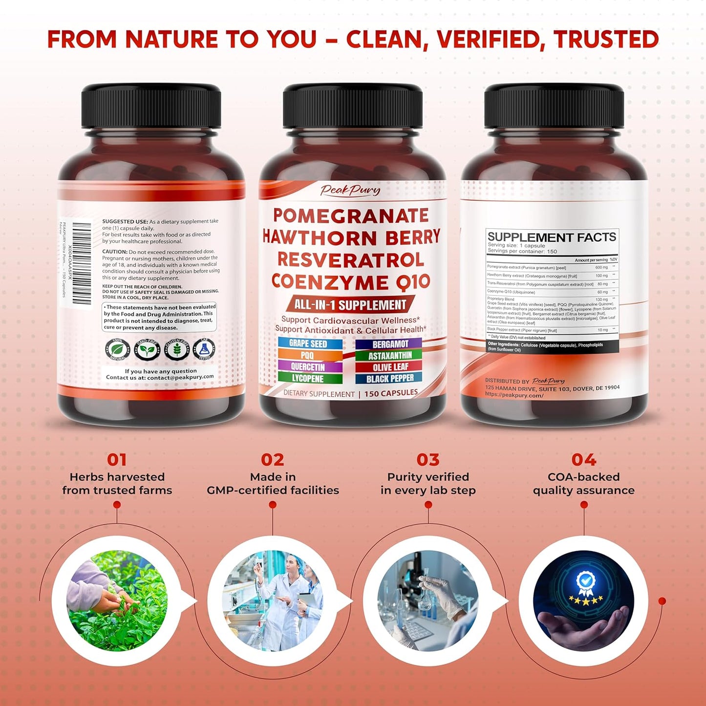 Ultra Pomegranate, Hawthorn, Resveratrol & CoQ10 – All-in-1 Supplement for Heart Wellness, Antioxidant & Cellular Support – Made in The USA – 150 Capsules