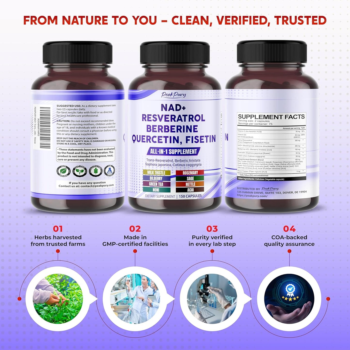 NAD+ Trans-Resveratrol Berberine Quercetin Fisetin Milk Thistle - Made in USA
