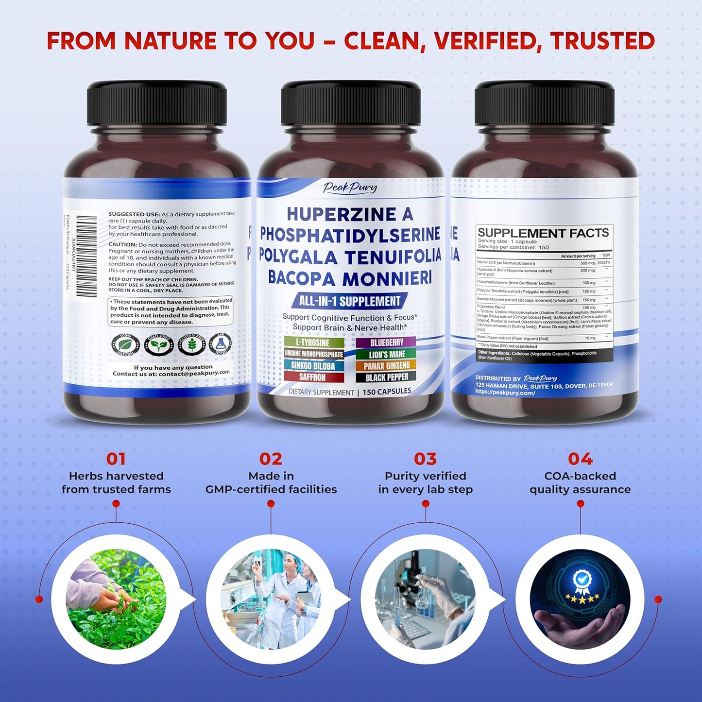 Premium All-in-1 with Huperzine A, Phosphatidylserine, Polygala & Bacopa – 150 Capsules – Made in USA – Non-GMO & Gluten-Free*