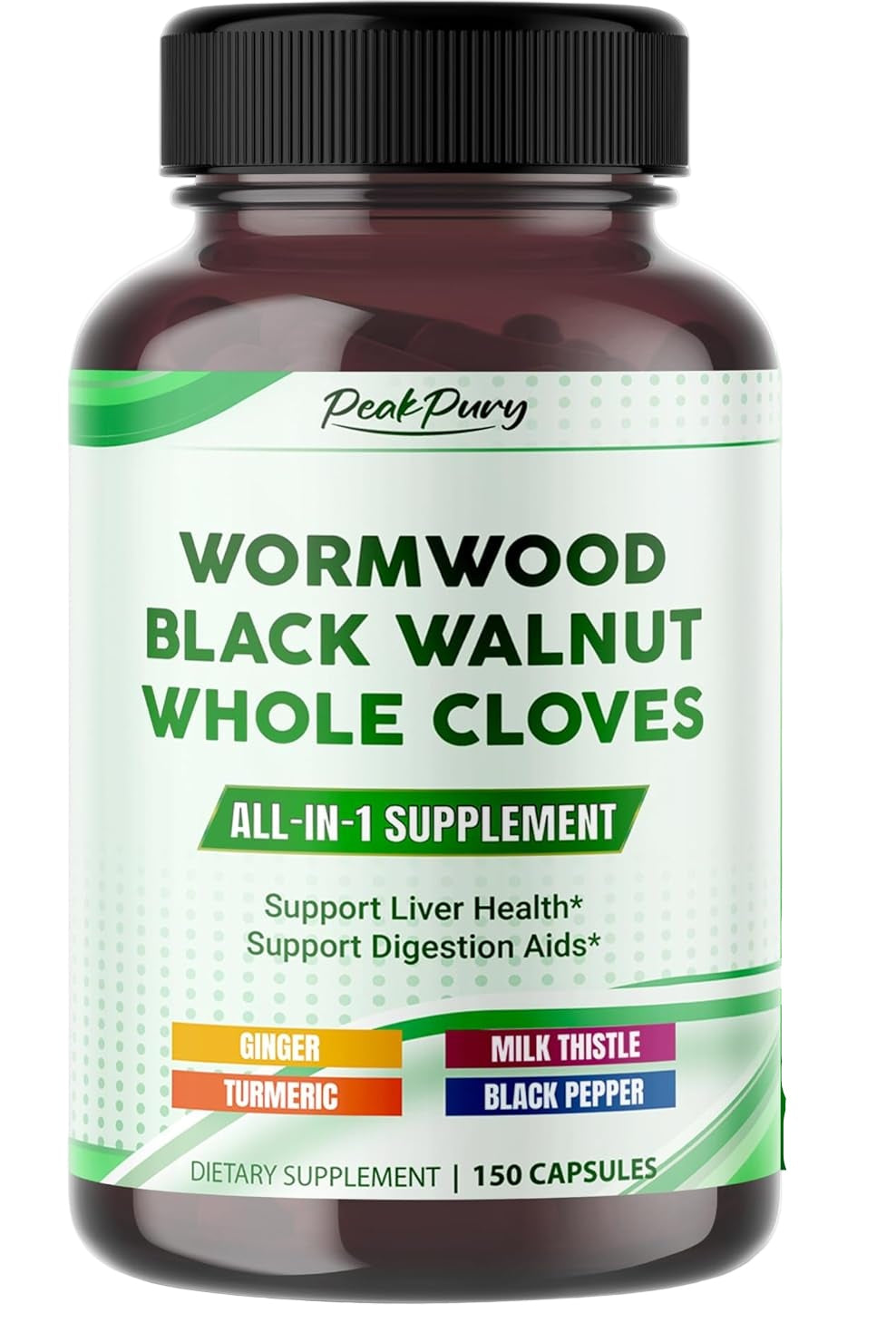 All-in-1 Wormwood Black Walnut Whole Cloves Ginger - Supports Liver Health & Aids Digestion - Made in The USA -150 Capsules