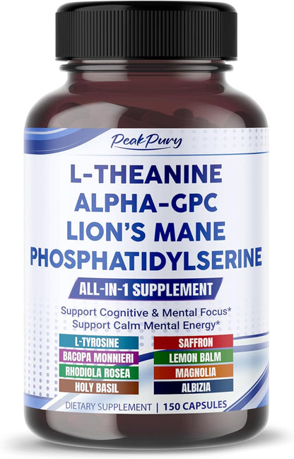 Premium L-Theanine, Alpha-GPC, Lion’s Mane & Phosphatidylserine – Cognitive & Mental Focus Support Supplement – Made in The USA – 150 Capsules