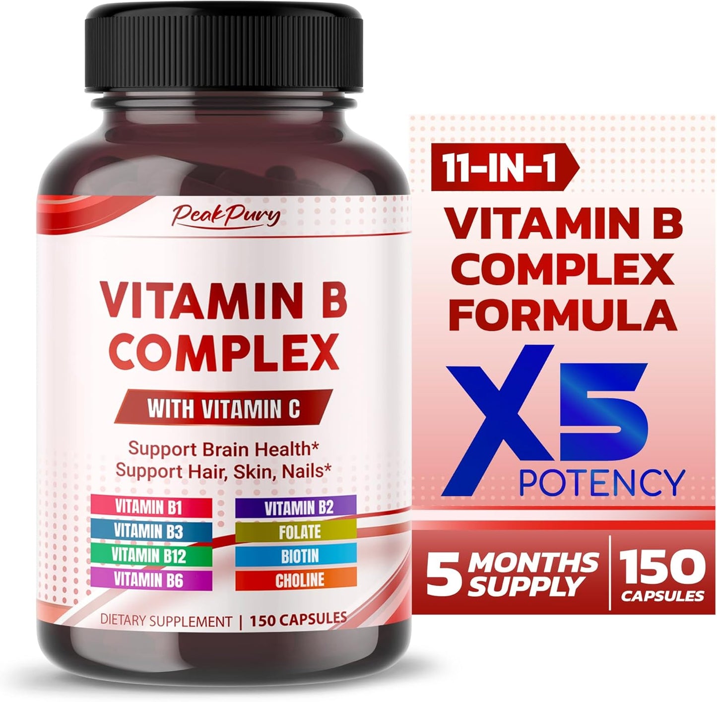 Ultra Vitamin B Complex with Vitamin C – Supports Brain Health & Promotes Healthy Hair, Skin, and Nails – High Potency B1, B2, B3, Folate, B12, Biotin, B5 & Choline - Made in The USA