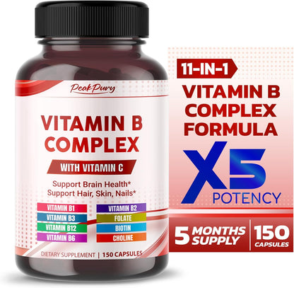 Ultra Vitamin B Complex with Vitamin C – Supports Brain Health & Promotes Healthy Hair, Skin, and Nails – High Potency B1, B2, B3, Folate, B12, Biotin, B5 & Choline - Made in The USA