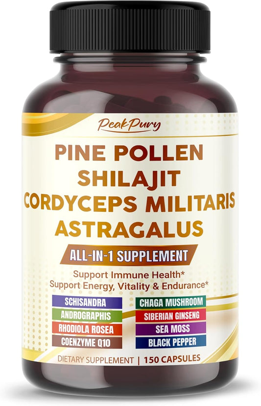 Premium All-in-1 Pine Pollen, Shilajit, Cordyceps & Astragalus – Supports Immune Health, Energy & Natural Endurance – Made in The USA – 150 Capsules