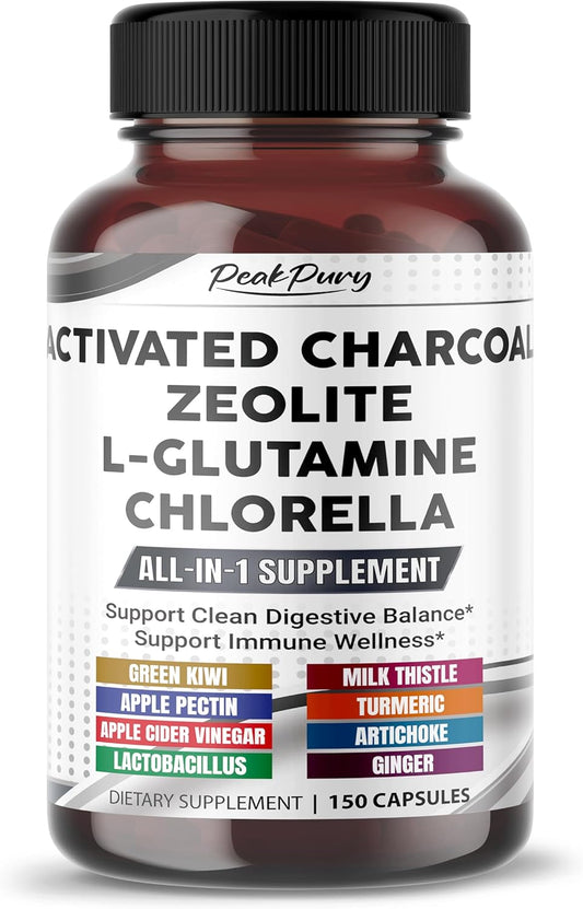 Premium All-in-1 Activated Charcoal, Zeolite, L-Glutamine & Chlorella – Supports Digestive Cleanse & Immune Wellness – Made in The USA – 150 Capsules