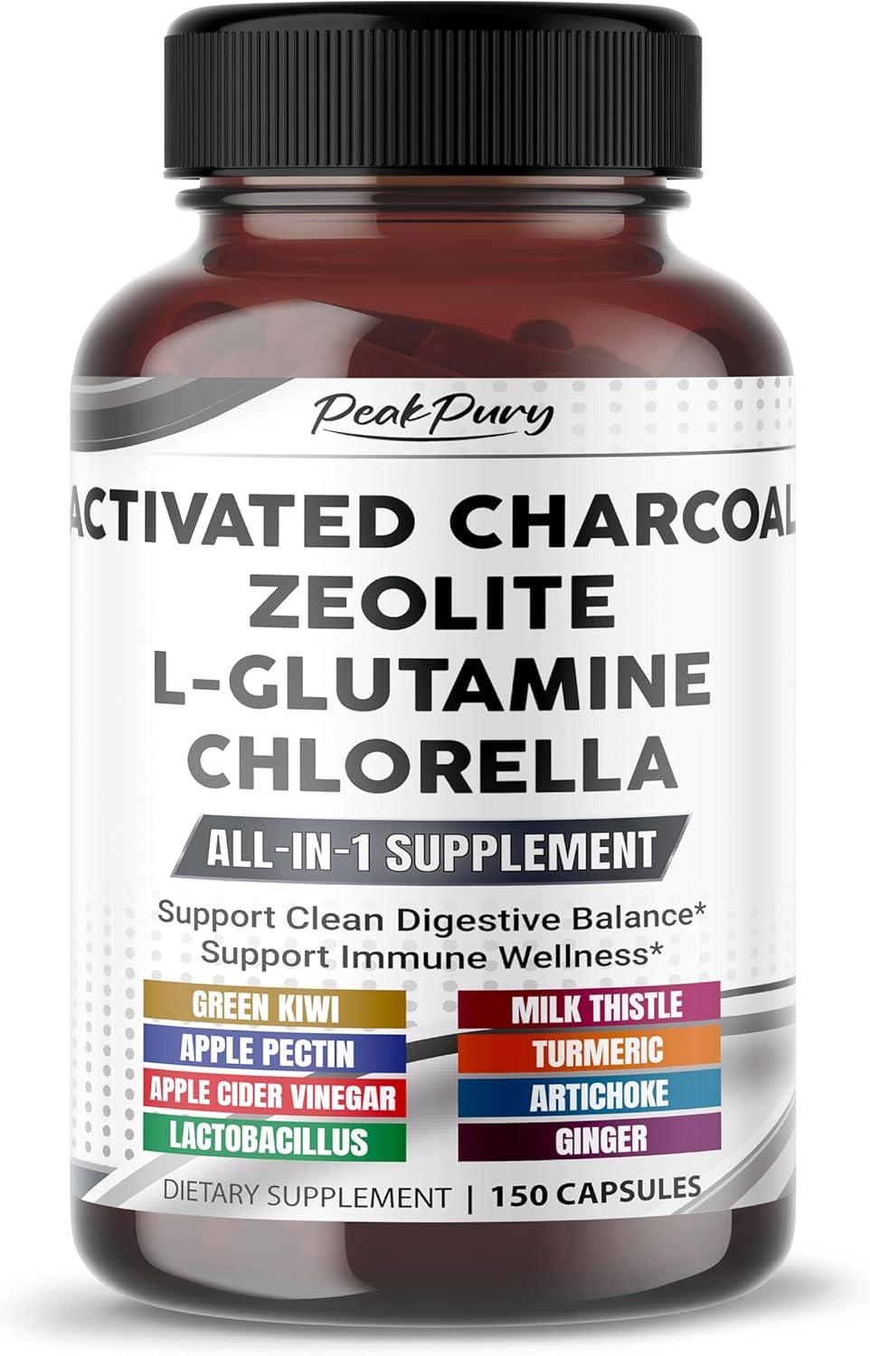 Premium All-in-1 Activated Charcoal, Zeolite, L-Glutamine & Chlorella – Supports Digestive Cleanse & Immune Wellness – Made in The USA – 150 Capsules