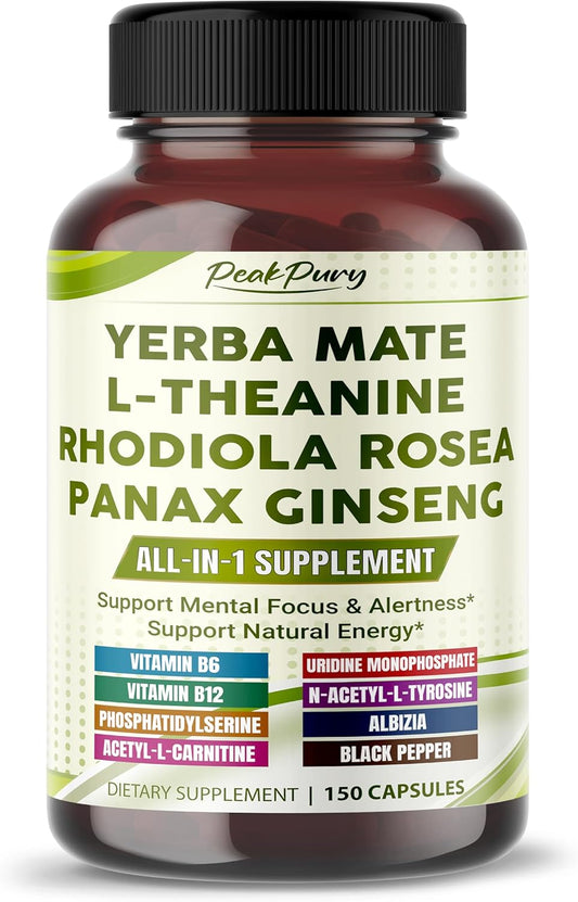 Ultra All-in-1 Yerba Mate, L-Theanine, Rhodiola & Panax Ginseng – Supports Mental Focus & Natural Energy – Made in The USA – 150 Capsules