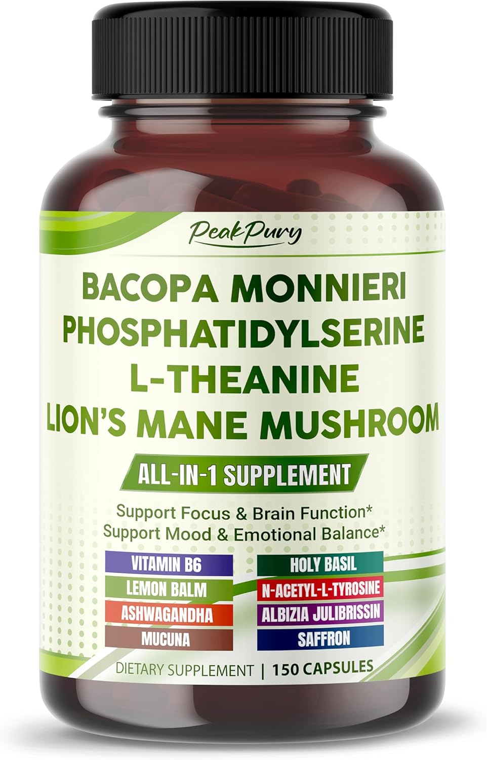 Premium Bacopa, Phosphatidylserine, L-Theanine & Lion’s Mane – All-in-1 Supplement for Focus, Brain Function & Emotional Balance – Made in The USA – 150 Capsules
