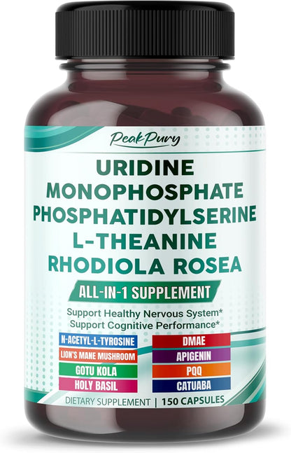 Premium All-in-1 Uridine, Phosphatidylserine, L-Theanine & Rhodiola – Supports Nervous System & Cognitive Performance – Made in The USA – 150 Capsules