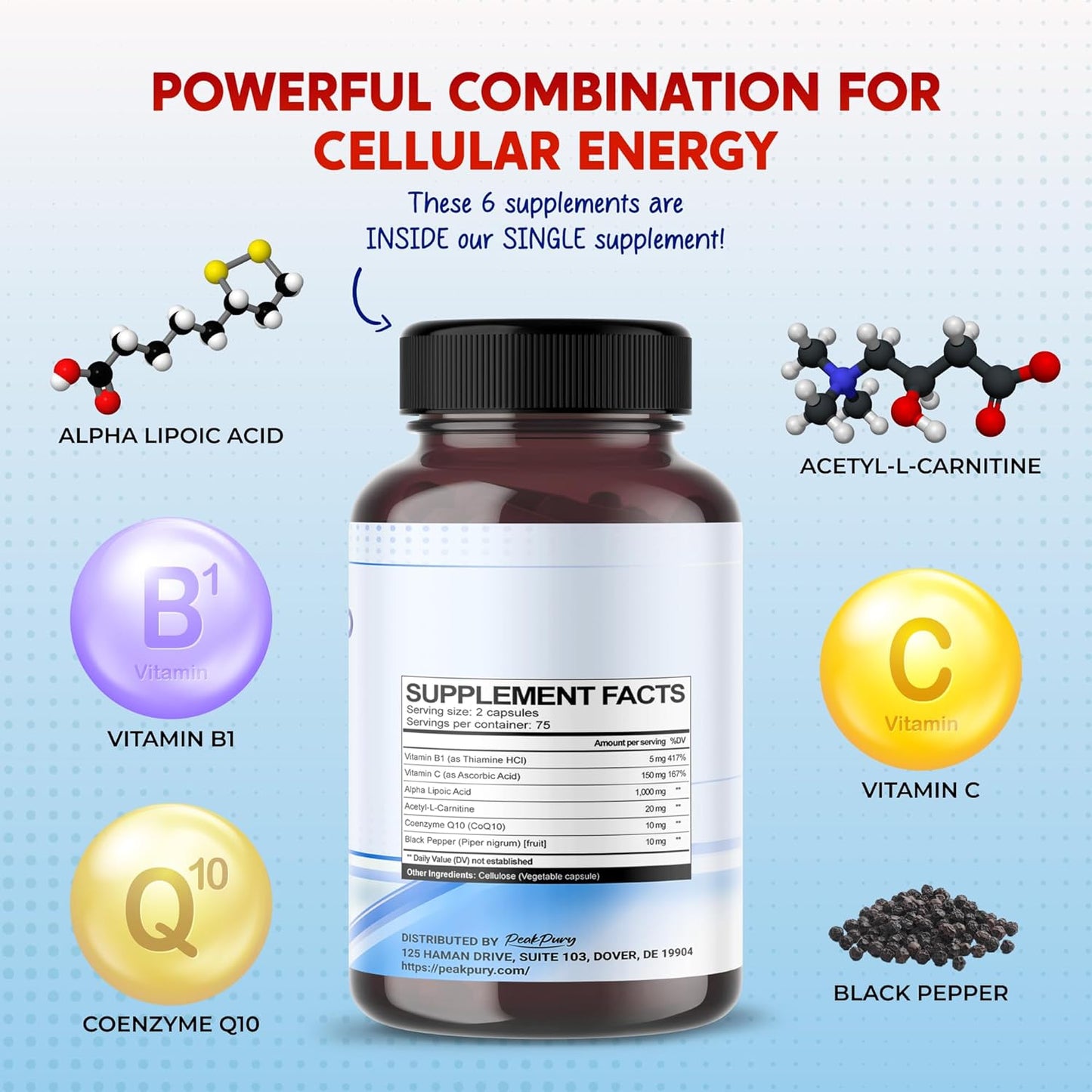 Alpha Lipoic Acid with Vitamin B1 - Supports Antioxidant Health & Healthy Metabolism - Includes Vitamin C, Acetyl-L-Carnitine, CoQ10 - Made in The USA- 150 Capsules