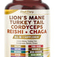 Supplement bottle labeled 'Lion's Mane Turkey Tail Cordyceps Reishi + Chaga' on a white background
