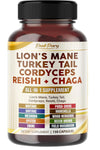Supplement bottle labeled 'Lion's Mane Turkey Tail Cordyceps Reishi + Chaga' on a white background
