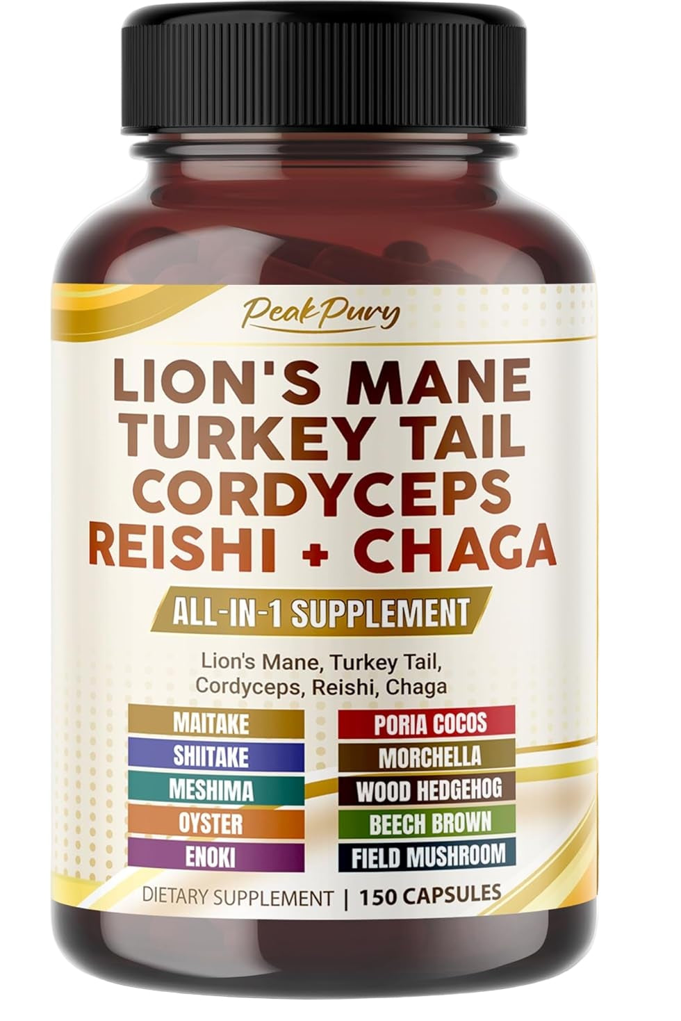 Supplement bottle labeled 'Lion's Mane Turkey Tail Cordyceps Reishi + Chaga' on a white background