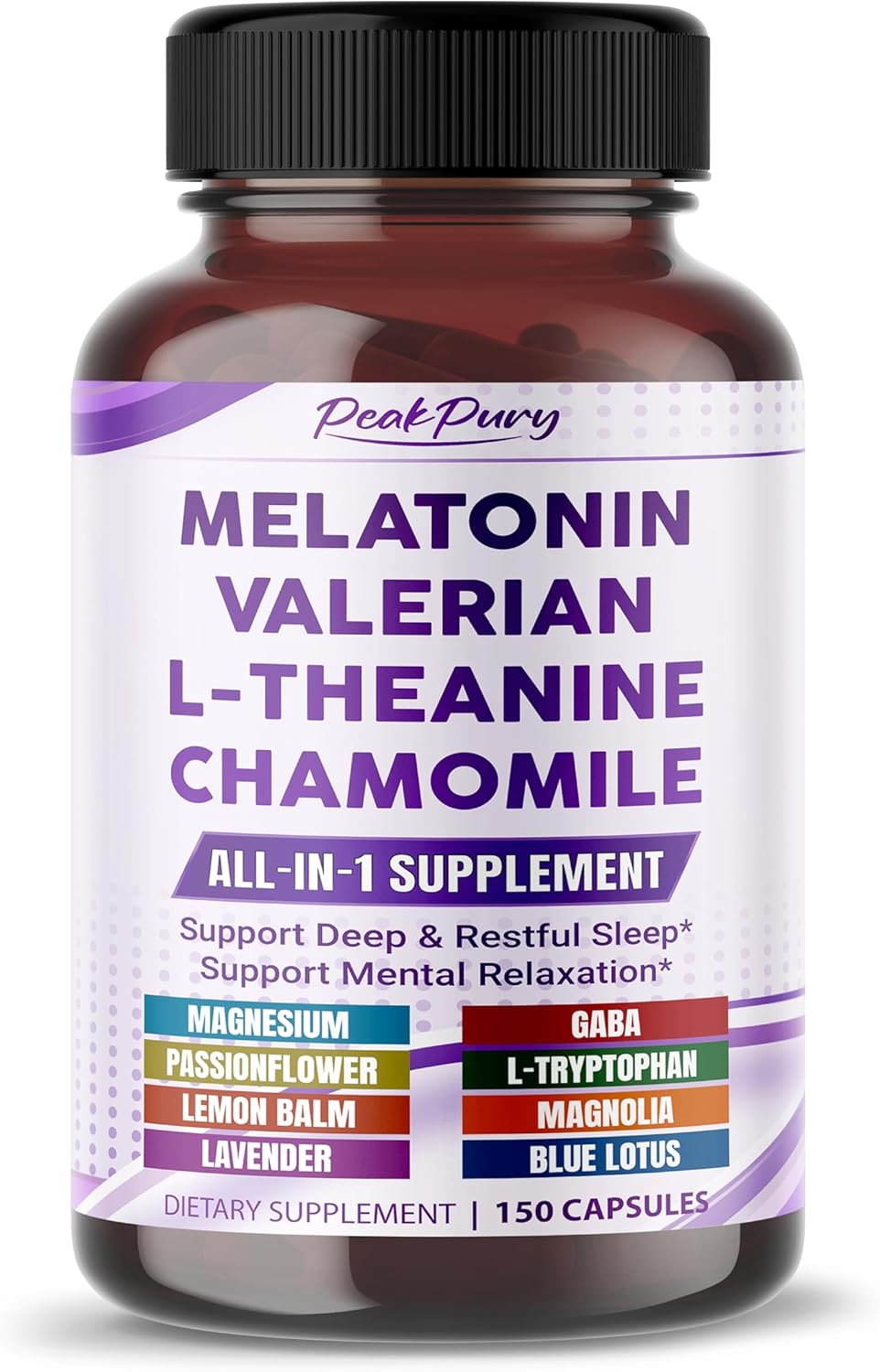 All-in-1 Melatonin, Valerian, L-Theanine & Chamomile Supplement – Supports Restful Sleep & Mental Relaxation – Made in The USA – 150 Capsules