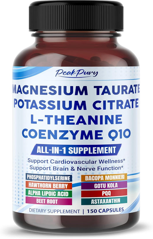 Ultra Magnesium Taurate, Potassium Citrate, L-Theanine & CoQ10 – All-in-1 Supplement for Heart, Brain & Nerve Support – Made in The USA – 150 Capsules