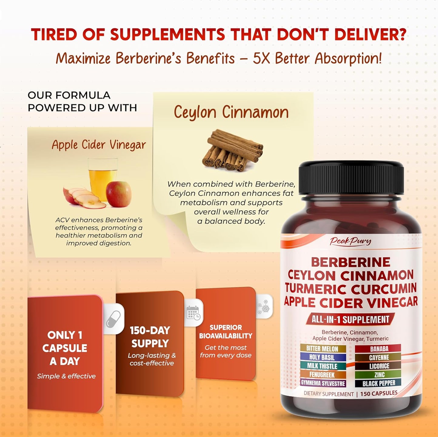 Berberine Cinnamon Apple Cider Vinegar Turmeric - Overall Wellness Support- Made in USA