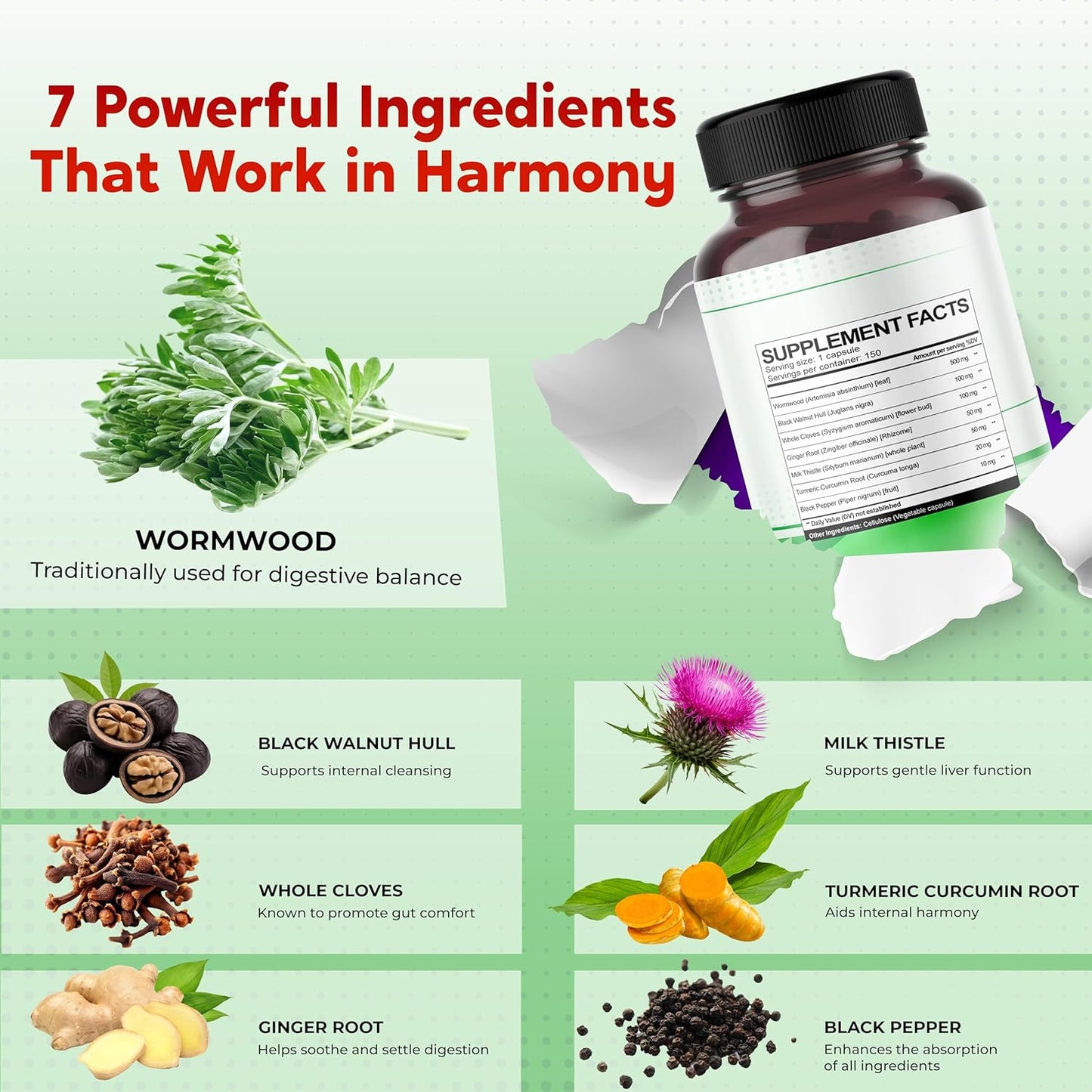 All-in-1 Wormwood Black Walnut Whole Cloves Ginger - Supports Liver Health & Aids Digestion - Made in The USA -150 Capsules