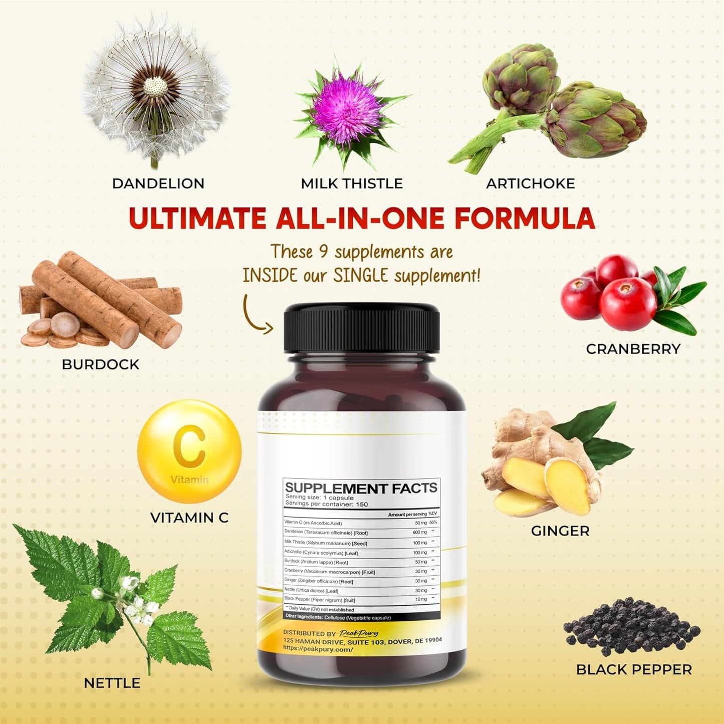 Ultra Dandelion with Milk Thistle & Vitamin C Artichoke - All-in-1 Supplement for Liver Health, Digestion & Skin Support - Made in The USA - 150 Capsules