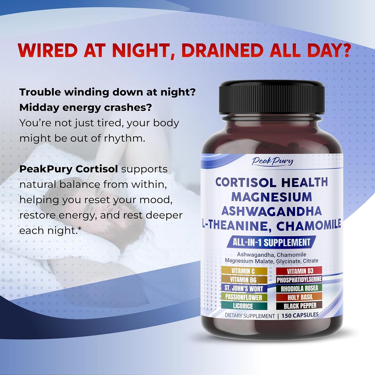 CORTISOL Health Ashwagandha Magnesium Chamomile L-Theanine - Made in USA
