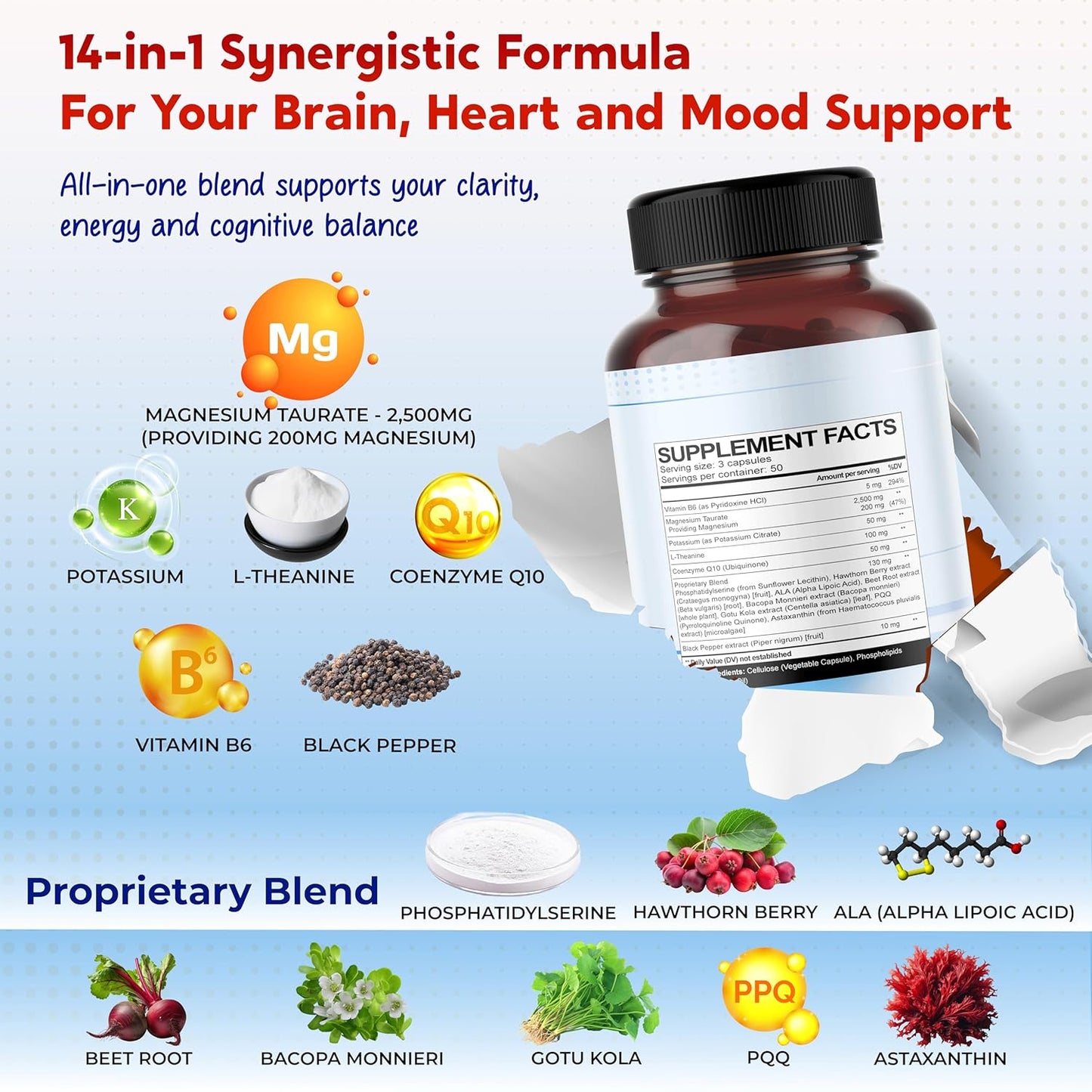 Ultra Magnesium Taurate, Potassium Citrate, L-Theanine & CoQ10 – All-in-1 Supplement for Heart, Brain & Nerve Support – Made in The USA – 150 Capsules