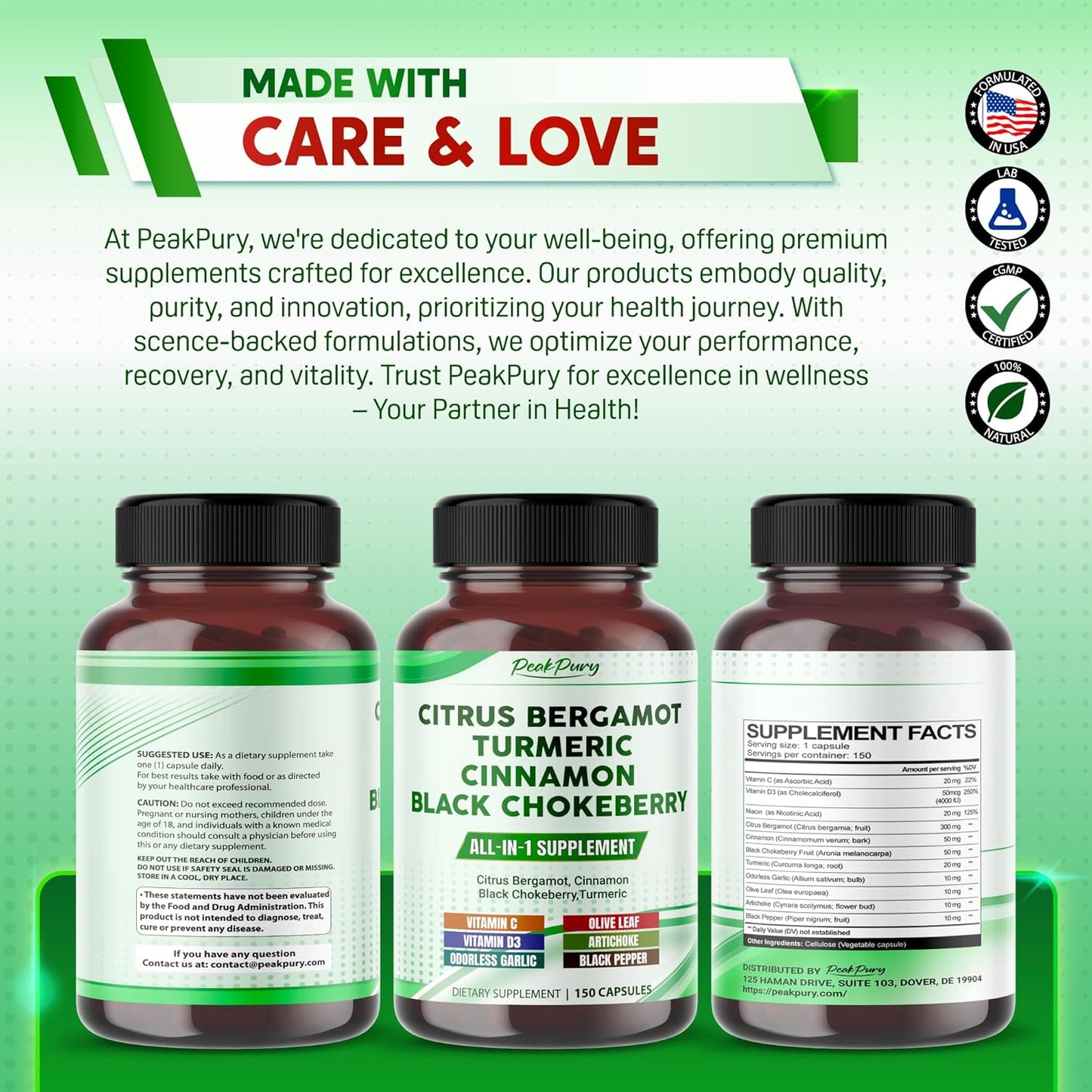 Citrus Bergamot Cinnamon Black Chokeberry Turmeric - Overall Wellness Support - Made in USA