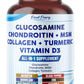 Supplement bottle with label detailing ingredients and claims, including glucosamine, chondroitin, MSM, collagen, turmeric, and vitamin D3.