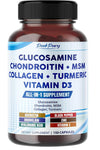 Supplement bottle with label detailing ingredients and claims, including glucosamine, chondroitin, MSM, collagen, turmeric, and vitamin D3.