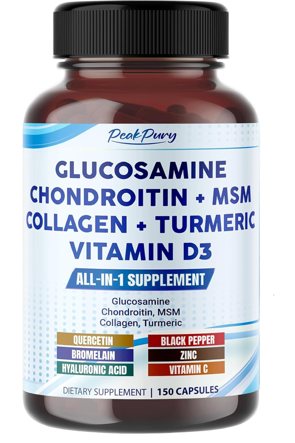 Supplement bottle with label detailing ingredients and claims, including glucosamine, chondroitin, MSM, collagen, turmeric, and vitamin D3.