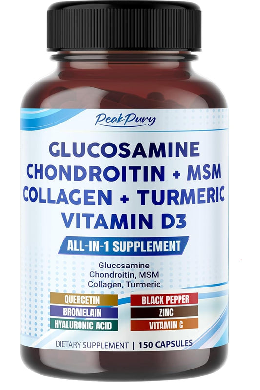 Supplement bottle with label detailing ingredients and claims, including glucosamine, chondroitin, MSM, collagen, turmeric, and vitamin D3.