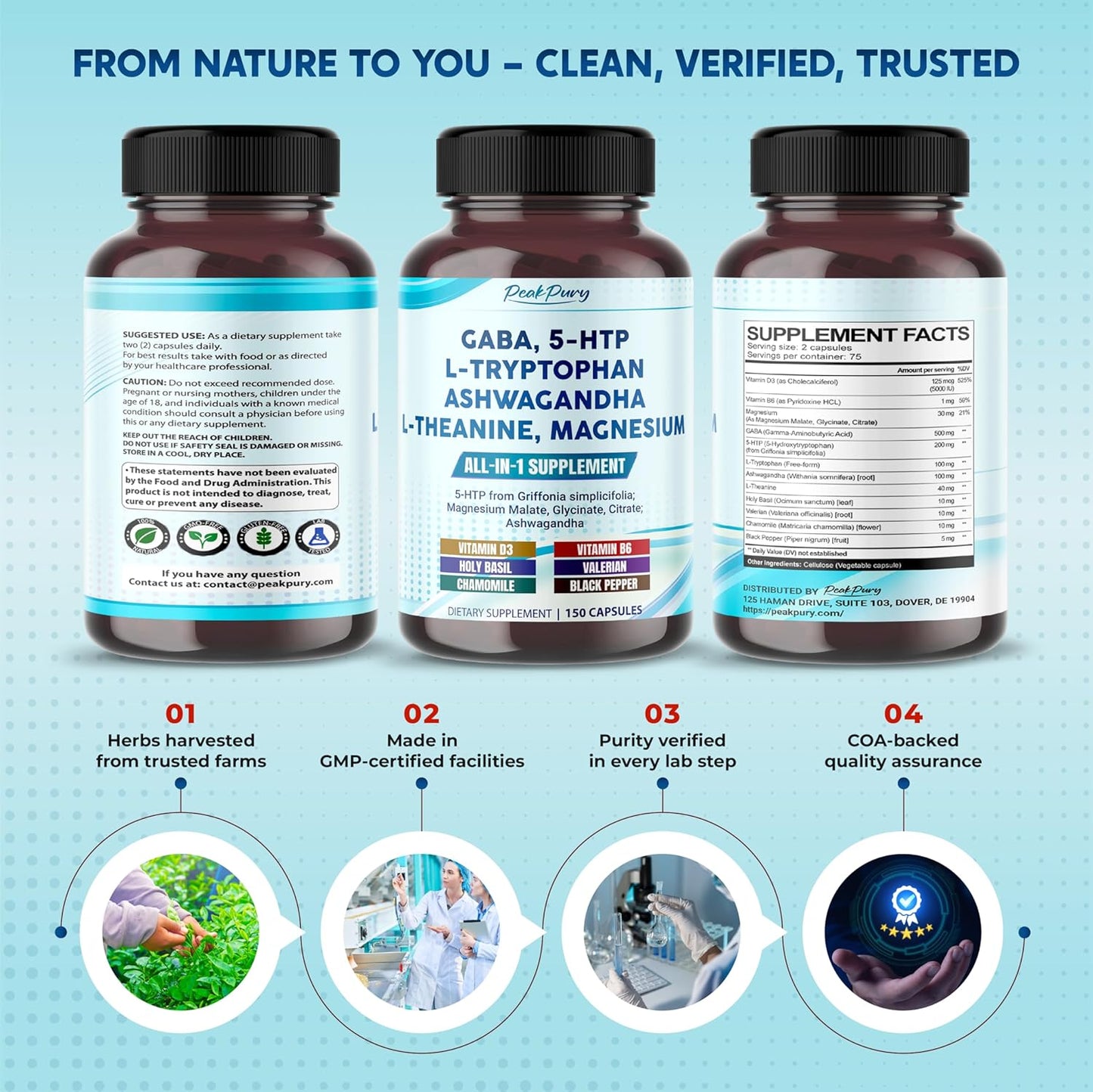 GABA, 5-HTP L-Tryptophan Ashwagandha Chamomile L-Theanine Magnesium - Made in USA
