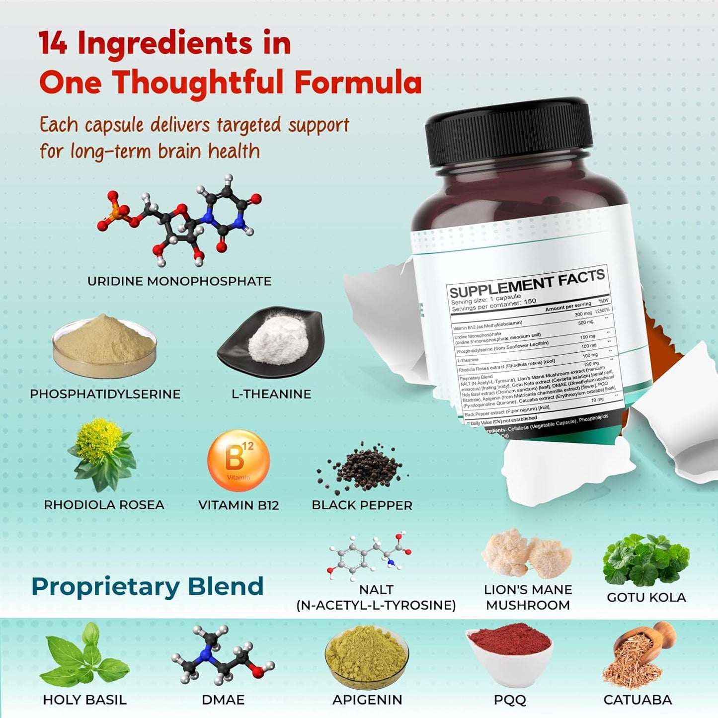 Premium All-in-1 Uridine, Phosphatidylserine, L-Theanine & Rhodiola – Supports Nervous System & Cognitive Performance – Made in The USA – 150 Capsules