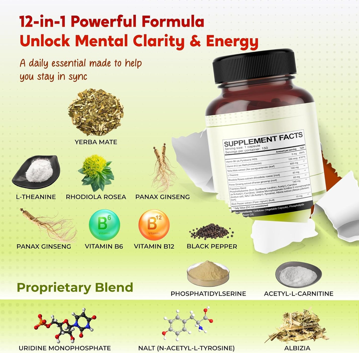 Ultra All-in-1 Yerba Mate, L-Theanine, Rhodiola & Panax Ginseng – Supports Mental Focus & Natural Energy – Made in The USA – 150 Capsules