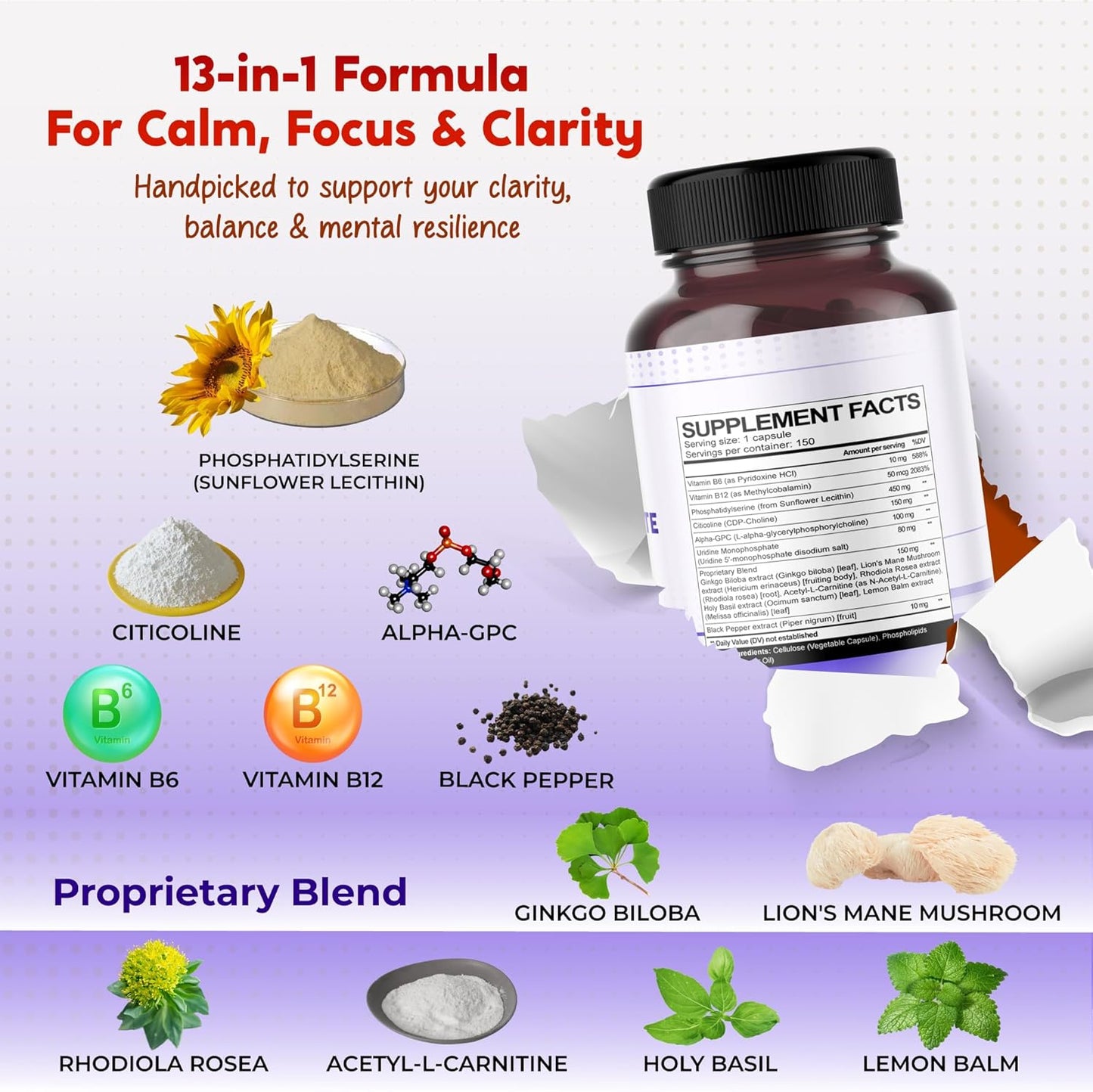 All-in-1 Phosphatidylserine, Citicoline, Alpha-GPC & Uridine Supplement – Supports Mental Clarity, Brain Energy & Cognitive Wellness – Made in The USA – 150 Capsules