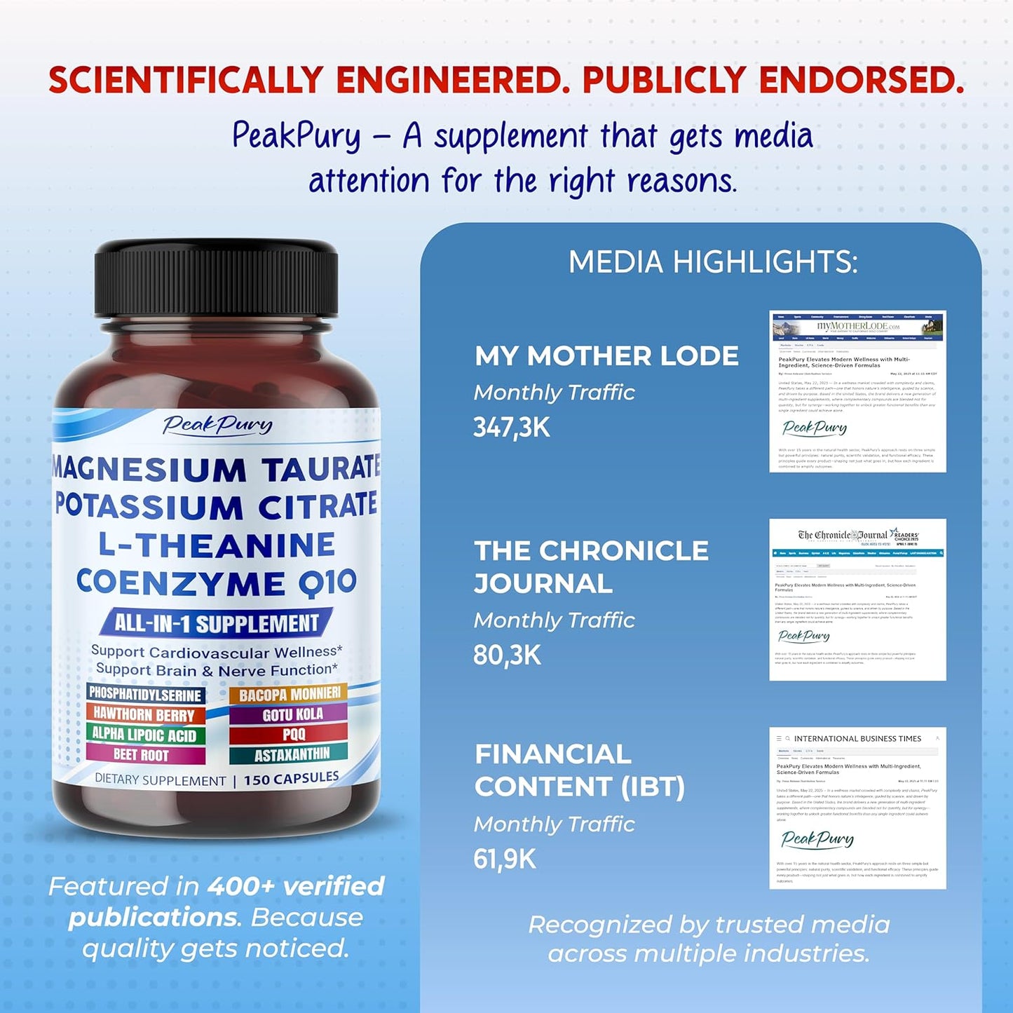 Ultra Magnesium Taurate, Potassium Citrate, L-Theanine & CoQ10 – All-in-1 Supplement for Heart, Brain & Nerve Support – Made in The USA – 150 Capsules