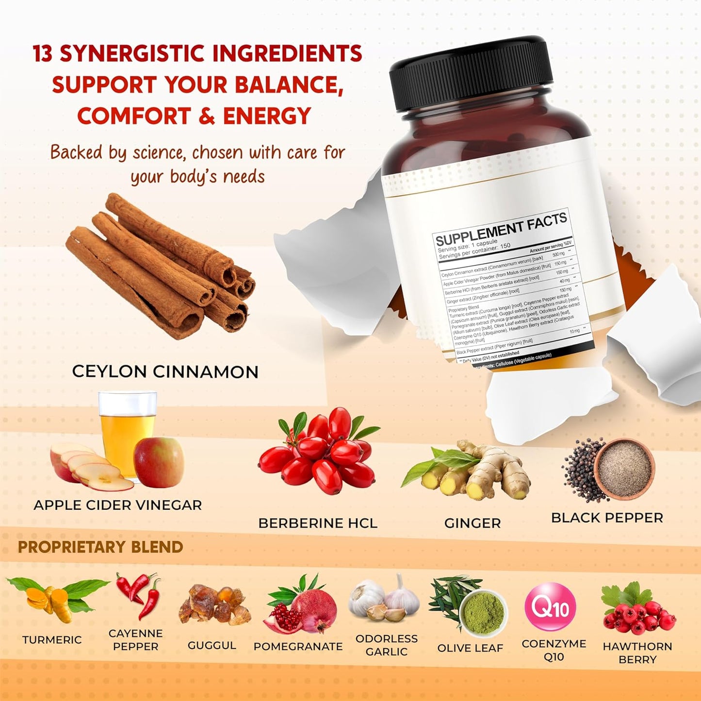 Ultra All-in-1 Ceylon Cinnamon, Apple Cider Vinegar, Berberine & Ginger – Supports Metabolic Balance & Heart Wellness – Made in The USA – 150 Capsules