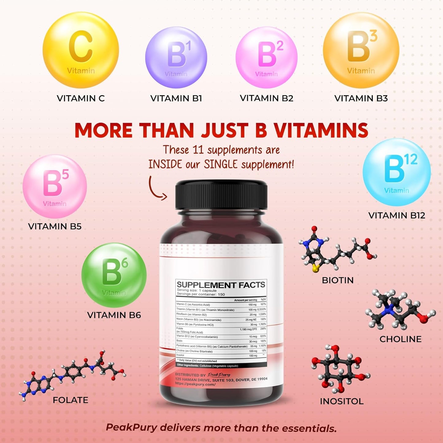 Ultra Vitamin B Complex with Vitamin C – Supports Brain Health & Promotes Healthy Hair, Skin, and Nails – High Potency B1, B2, B3, Folate, B12, Biotin, B5 & Choline - Made in The USA