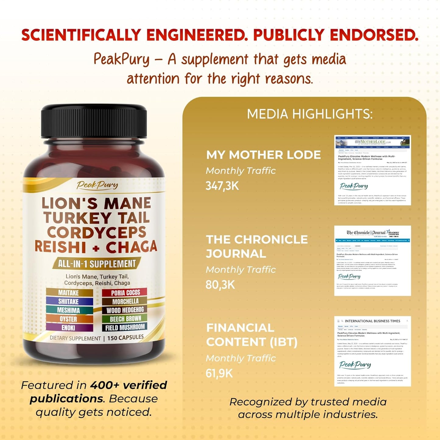 Lion's Mane Turkey Tail Cordyceps Reishi Chaga - Overall Wellness Support- Made in USA