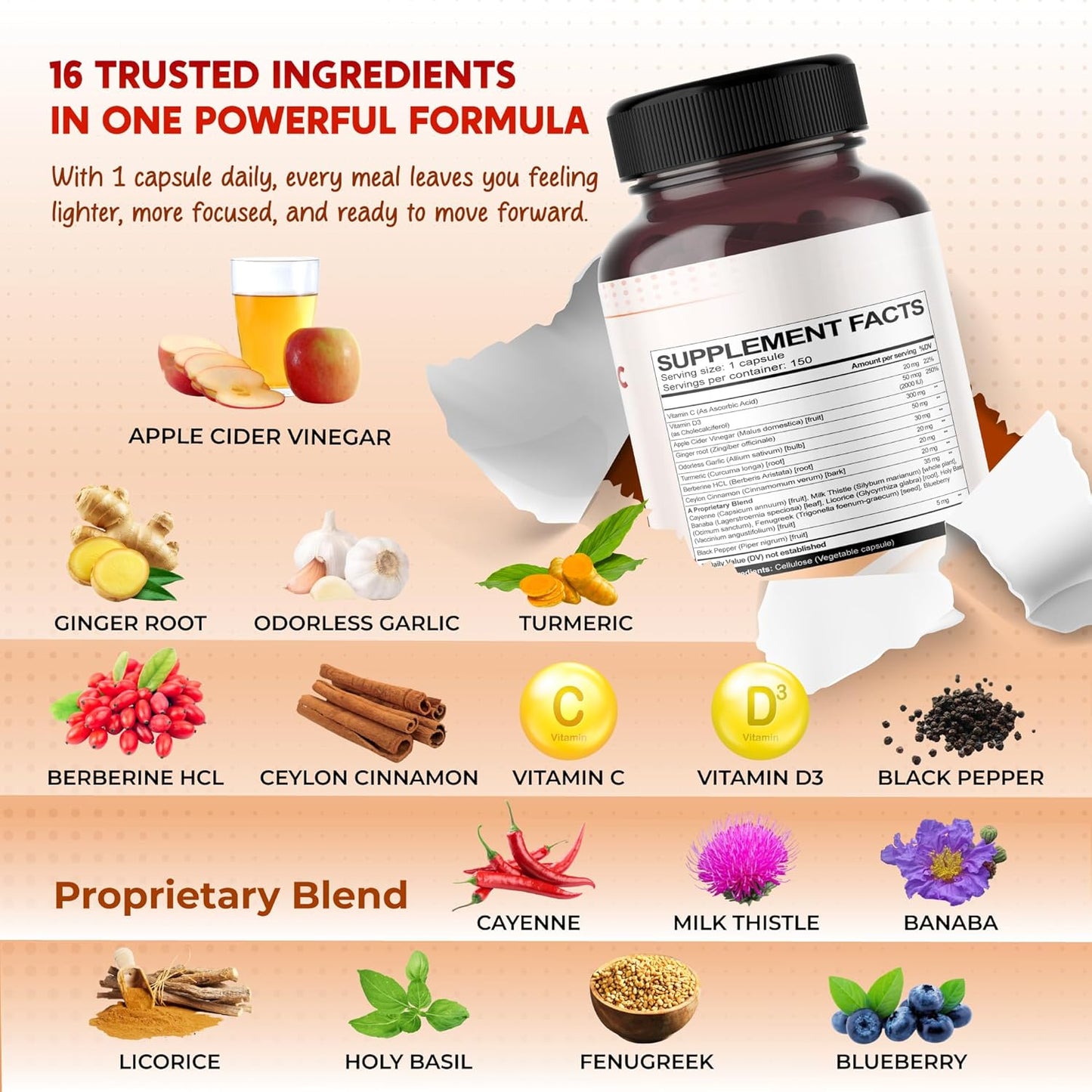 Apple Cider Vinegar Ginger Odorless Garlic Turmeric Berberine - Made in USA