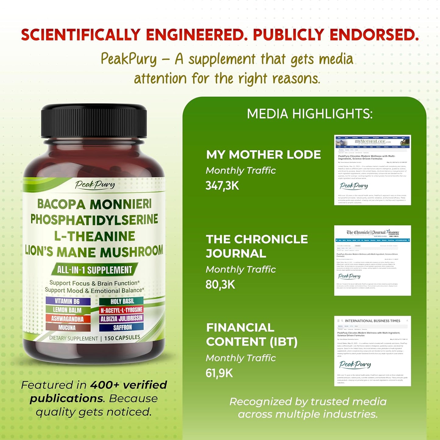 Premium Bacopa, Phosphatidylserine, L-Theanine & Lion’s Mane – All-in-1 Supplement for Focus, Brain Function & Emotional Balance – Made in The USA – 150 Capsules