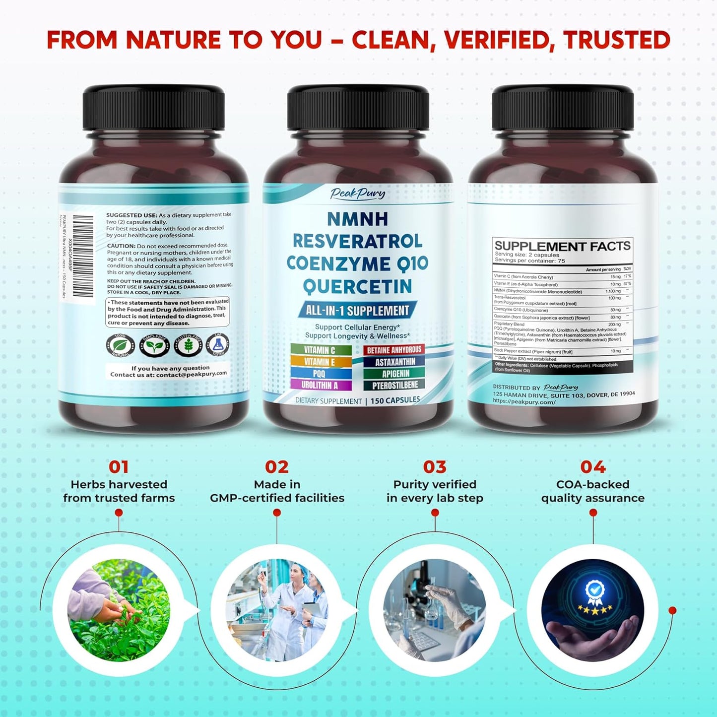 Ultra NMNH 600 mg with Resveratrol, CoQ10, Quercetin, Urolithin A & PQQ – All-in-1 Supplement for Cellular Energy, Healthy Aging & Wellness – 150 Capsules