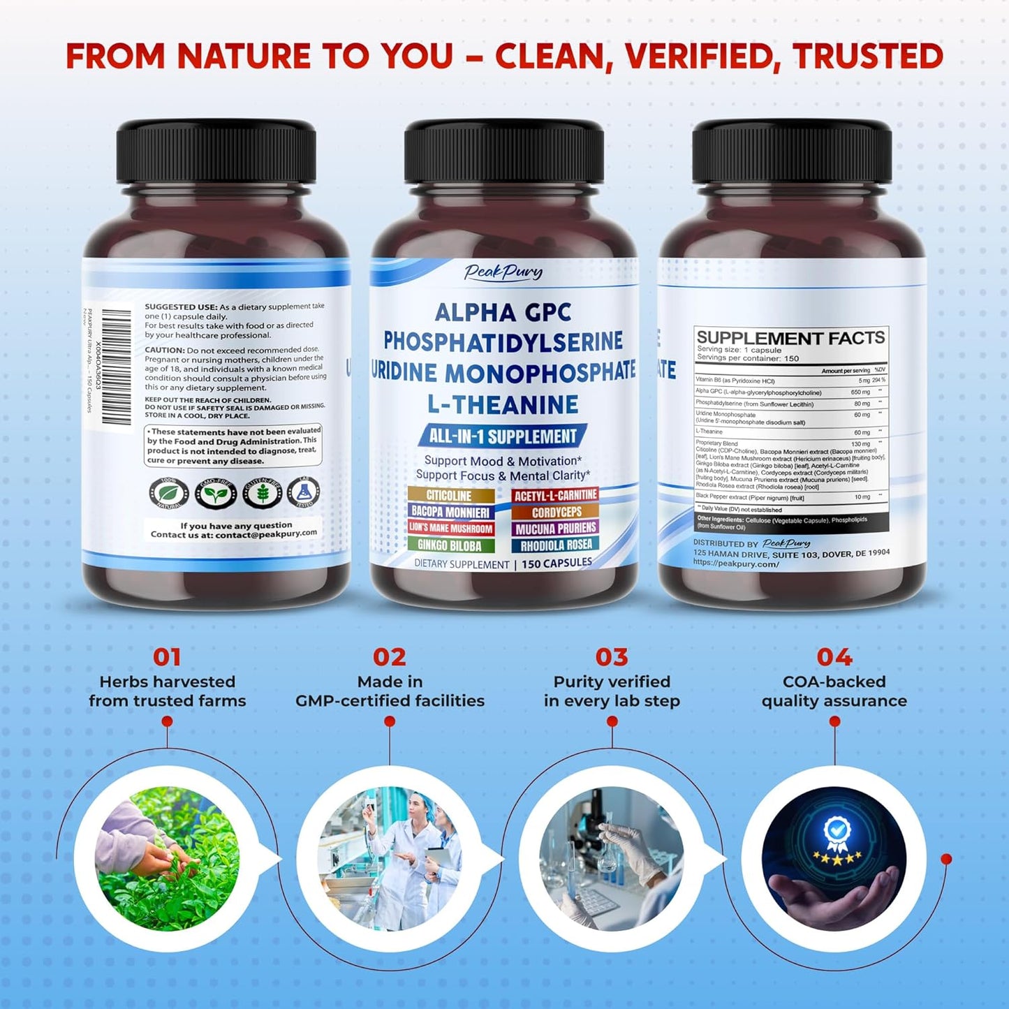 Ultra Alpha GPC, Phosphatidylserine, Uridine & L-Theanine – Nootropic Supplement for Mood, Focus & Mental Clarity – Made in The USA – 150 Capsules