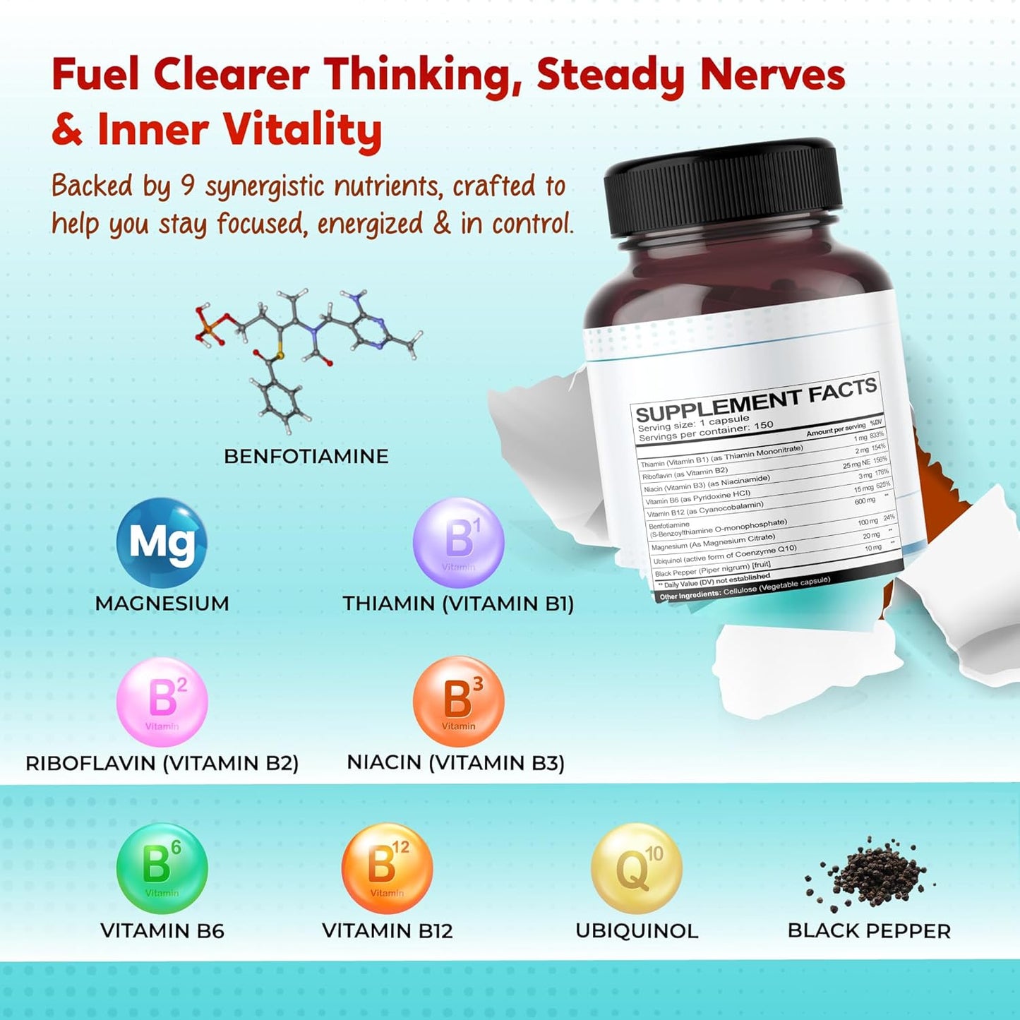 Benfotiamine with Magnesium & Coenzyme Q10 - Supports Nerve Health, Cellular Wellness & Eye Health - Made in The USA- 150 Capsules