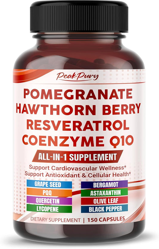 Ultra Pomegranate, Hawthorn, Resveratrol & CoQ10 – All-in-1 Supplement for Heart Wellness, Antioxidant & Cellular Support – Made in The USA – 150 Capsules