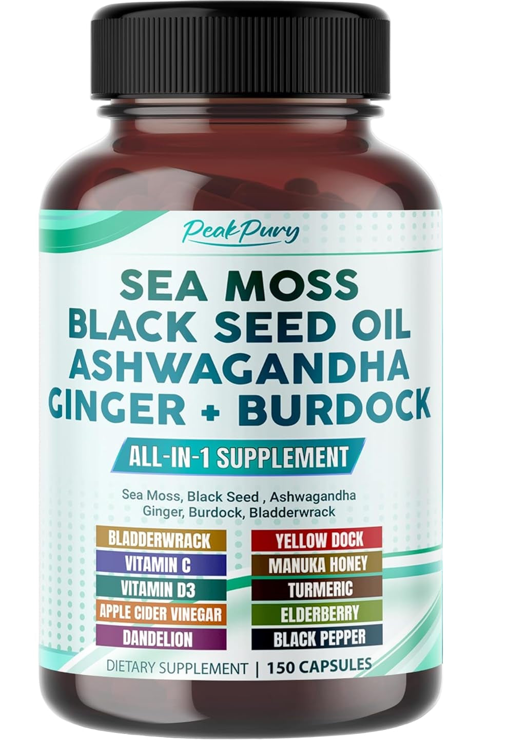 Sea Moss Black Seed Oil Ashwagandha Ginger Burdock Bladderwrack - Immunity Support - Made in USA