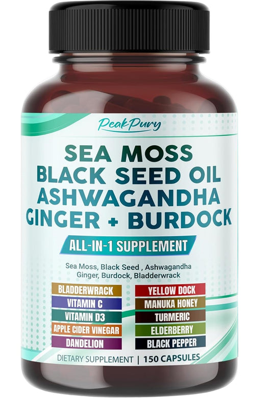 Sea Moss Black Seed Oil Ashwagandha Ginger Burdock Bladderwrack - Immunity Support - Made in USA
